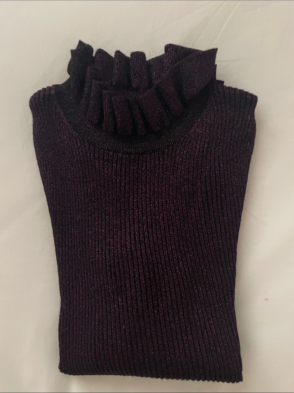 RED Valentino Metallic Plum Ribbed Ruffle Mock Neck Sweater